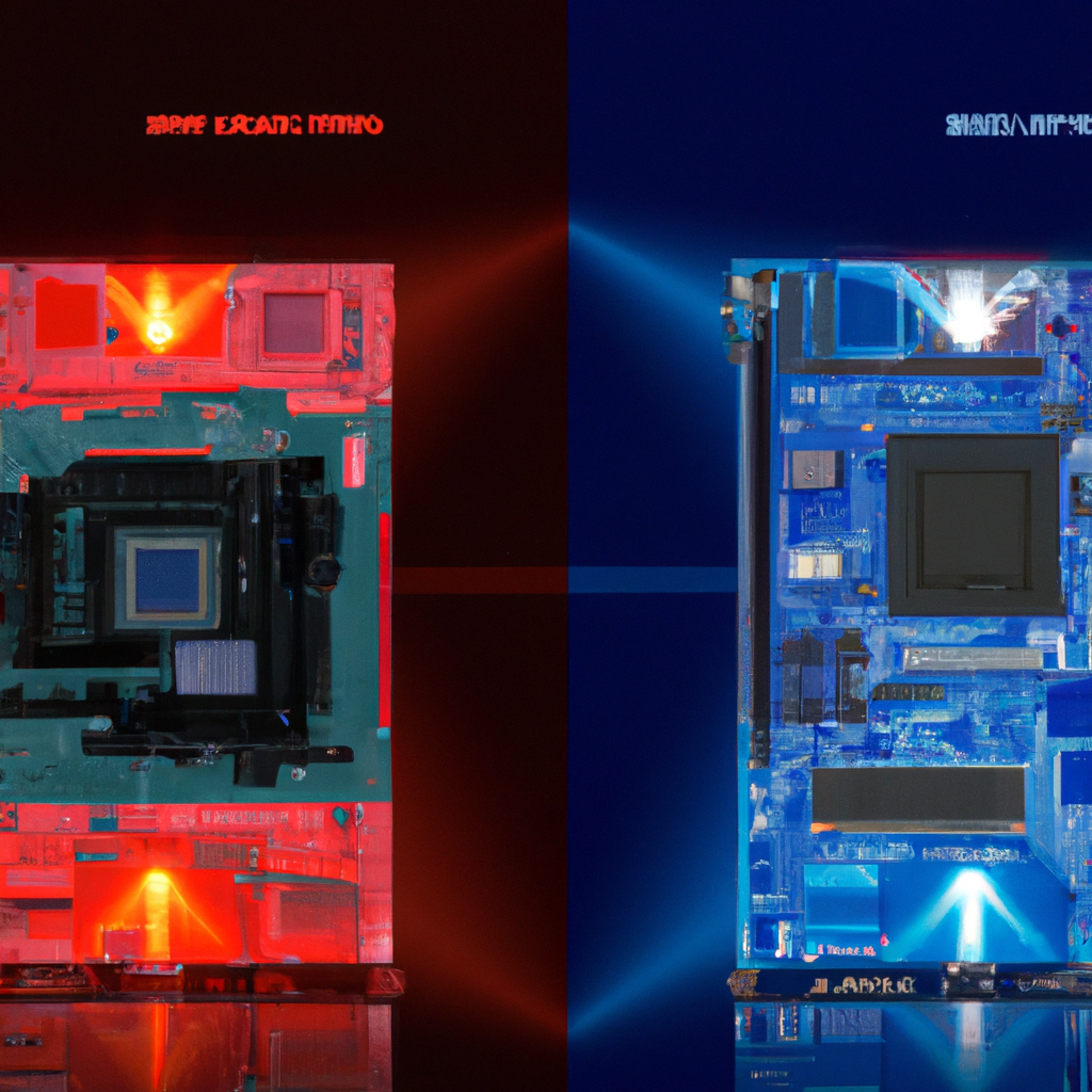 Visualize two distinct halves: left side with a sleek Gigabyte motherboard, glowing in blue; right, an MSI motherboard radiates red. Both surrounded by their iconic component architecture and subtle emblematic features.